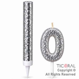 SET BENGALA Y VELA NUMERAL NUMERO 0 CON GIBRE PLATA